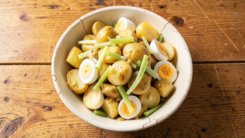 Grandma's Old Fashioned German Potato Salad Recipe: Vinegar-Braised Potatoes with Mustard-Kissed Mayo